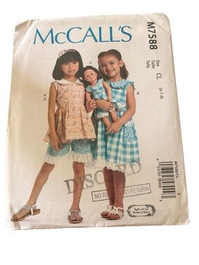McCall’s M7588 Girls Sewing Pattern Size 6-7-8 Dress shorts & 18inch doll dress